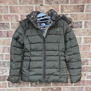 The North Face W Gotham 550 Goose Down Grape Leaf Green Puffer Jacket Faux Fur M